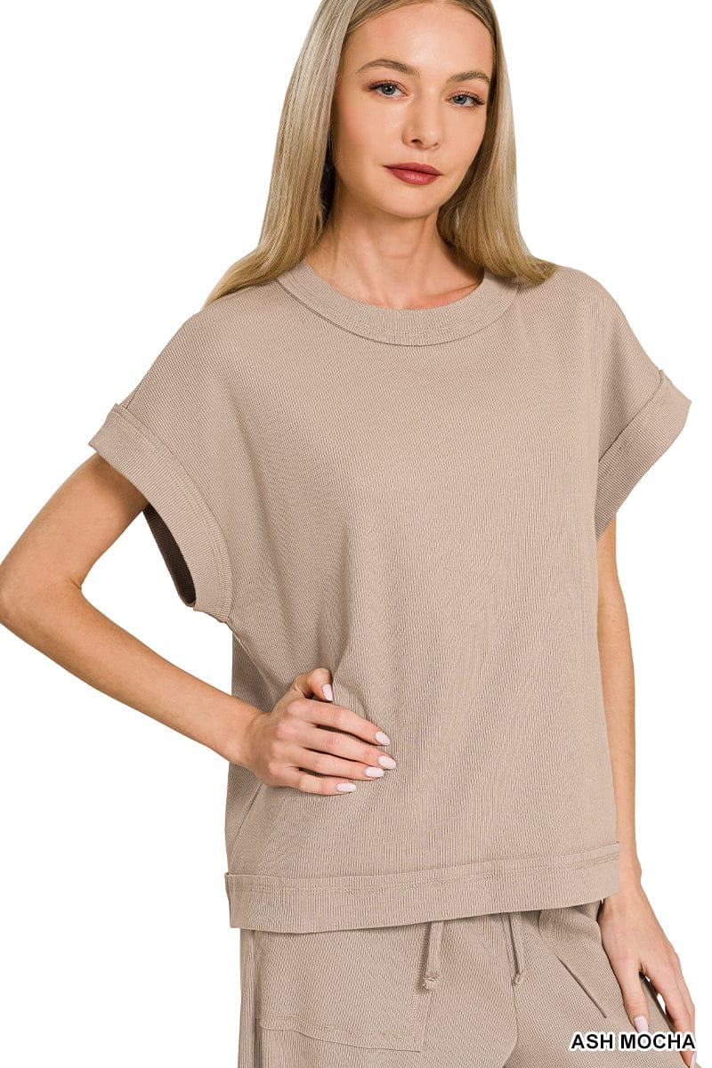 Zenana Sets Ribbed Short Sleeve Tee & Pant Set Ash Mocha