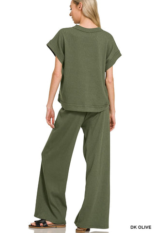 Zenana Sets Ribbed Short Sleeve Tee & Pant Set Sand Beige