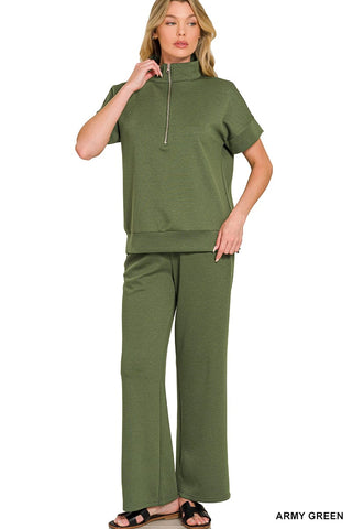 Zenana Sets Scuba High Neck Half Zip Top & Pant Set Army Green