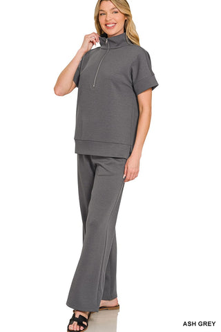 Zenana Sets Scuba High Neck Half Zip Top & Pant Set Ash Grey