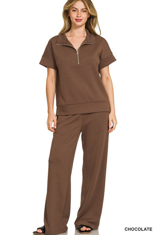 Zenana Sets Scuba High Neck Half Zip Top & Pant Set Chocolate