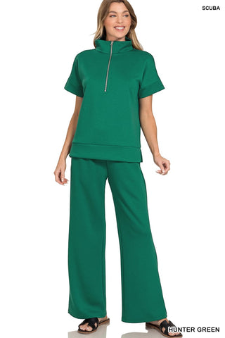 Zenana Sets Scuba High Neck Half Zip Top & Pant Set Hunter Green