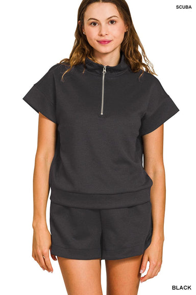 Zenana Sets Scuba High Neck Half Zip Top & Shorts Set Black