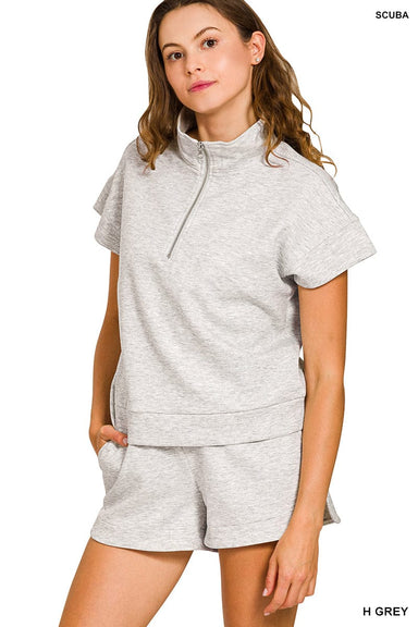Zenana Sets Scuba High Neck Half Zip Top & Shorts Set Heather Grey