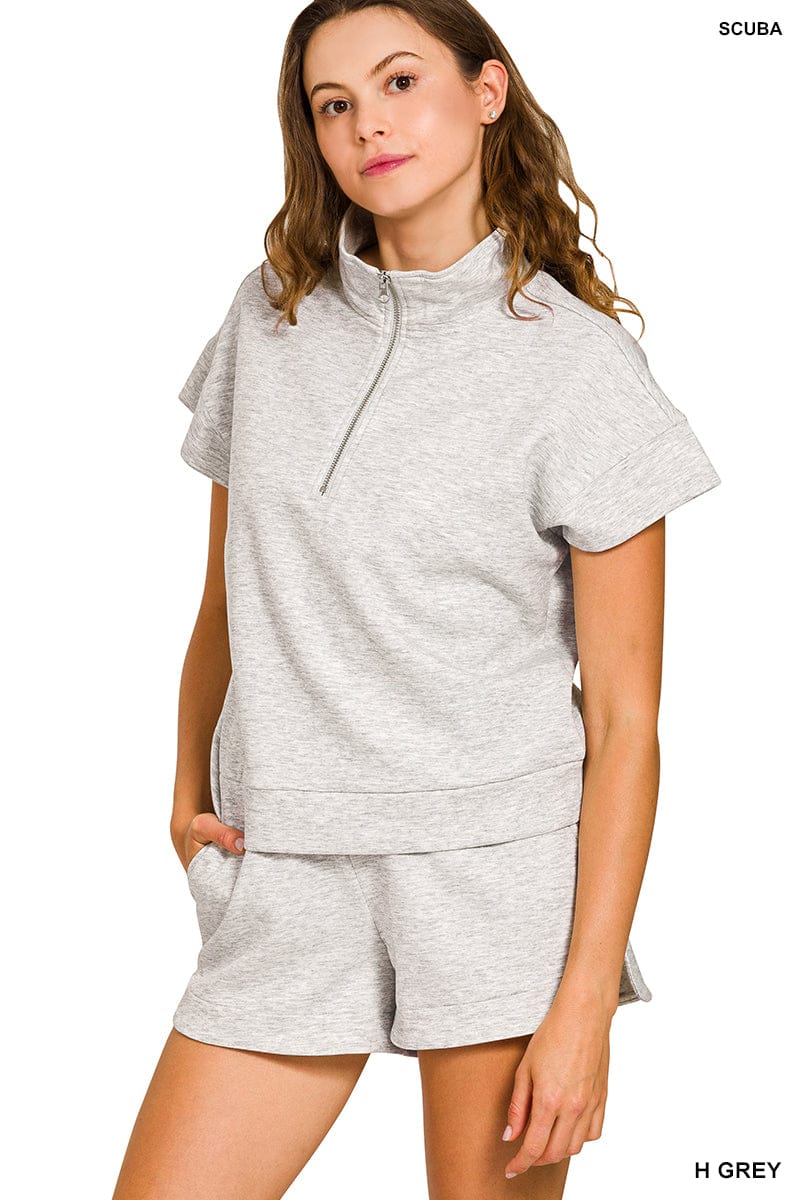 Zenana Sets Scuba High Neck Half Zip Top & Shorts Set Heather Grey