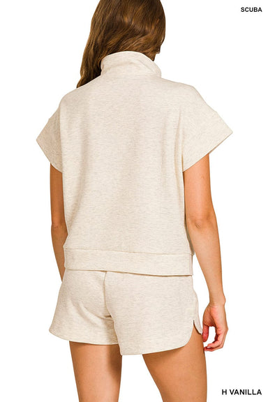 Zenana Sets Scuba High Neck Half Zip Top & Shorts Set Heather Vanilla