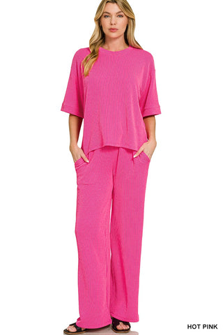 Zenana Sets Sm Raised Rib Cap Sleeve Top & Pant Set Hot Pink