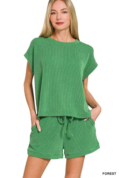 Zenana Sets Sm Raised Rib Cap Sleeve Top & Shorts Set Green