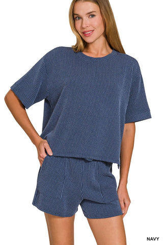 Zenana Sets Sm Raised Rib Short Sleeve Top & Shorts Set Navy