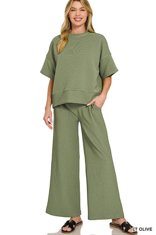 Zenana Sets Sm Ribbed Round Neck Tee and Pant Set Light Olive