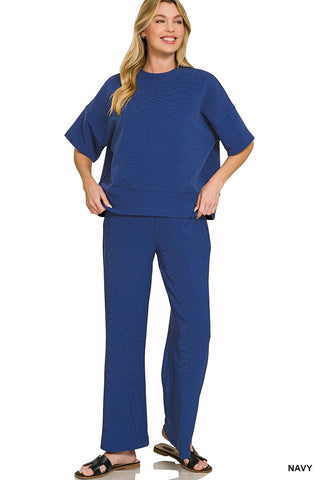 Zenana Sets Sm Ribbed Round Neck Tee and Pant Set Navy