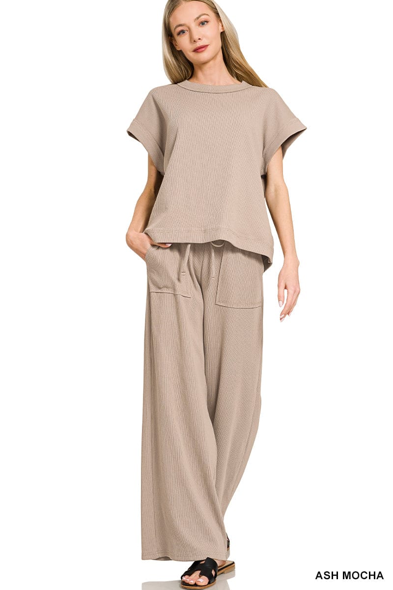 Zenana Sets Sm Ribbed Short Sleeve Tee & Pant Set Ash Mocha
