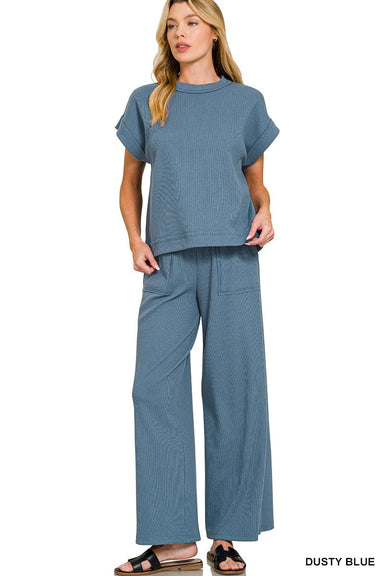 Zenana Sets Sm Ribbed Short Sleeve Tee & Pant Set Dusty Blue