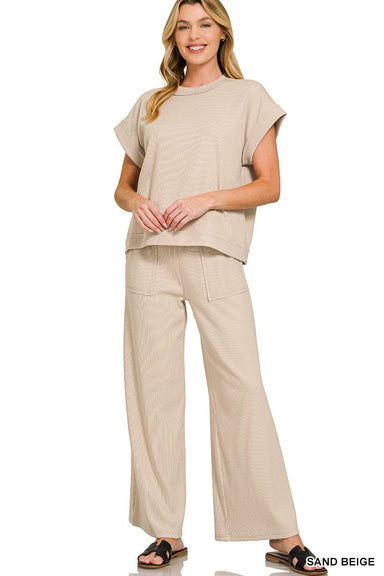 Zenana Sets Sm Ribbed Short Sleeve Tee & Pant Set Sand Beige