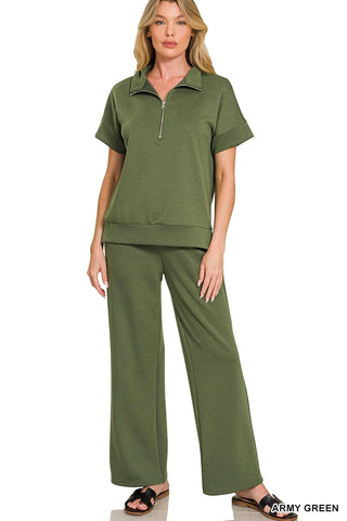Zenana Sets Sm Scuba High Neck Half Zip Top & Pant Set Army Green
