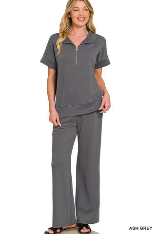 Zenana Sets Sm Scuba High Neck Half Zip Top & Pant Set Ash Grey