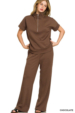 Zenana Sets Sm Scuba High Neck Half Zip Top & Pant Set Chocolate