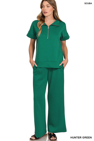 Zenana Sets Sm Scuba High Neck Half Zip Top & Pant Set Hunter Green