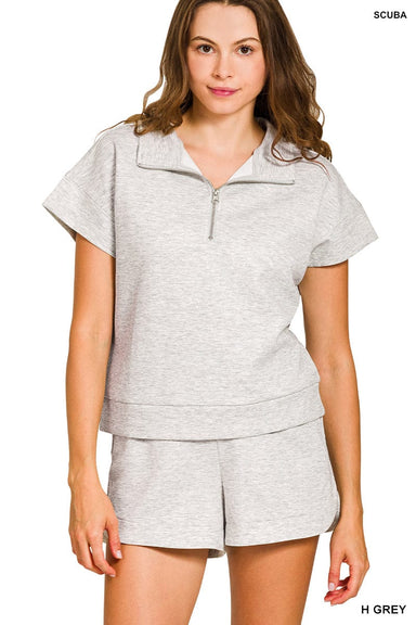 Zenana Sets Sm Scuba High Neck Half Zip Top & Shorts Set Heather Grey