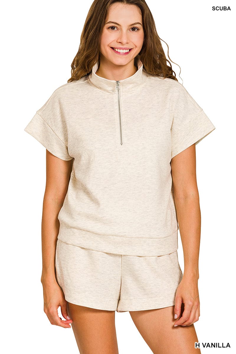 Zenana Sets Sm Scuba High Neck Half Zip Top & Shorts Set Heather Vanilla