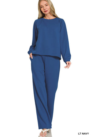 Zenana Sets Sm Soft Crewneck Pullover & Pant Set Light Navy