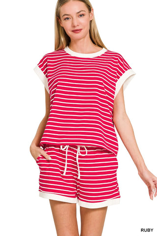 Zenana Sets Sm Stripe Contrast Trim Rib Banded Top & Shorts Set
