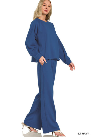 Zenana Sets Soft Crewneck Pullover & Pant Set Light Navy