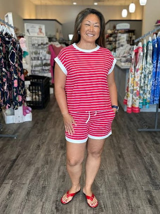 Zenana Sets Stripe Contrast Trim Rib Banded Top & Shorts Set