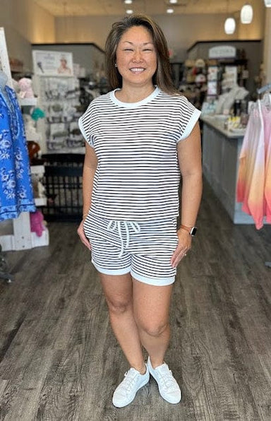 Zenana Sets Stripe Contrast Trim Top and Shorts Set Brown