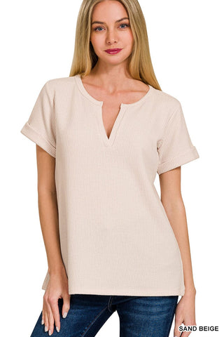 Zenana Tops - Blouse Sm Melange Baby Waffle Short Sleeve Sand Beige