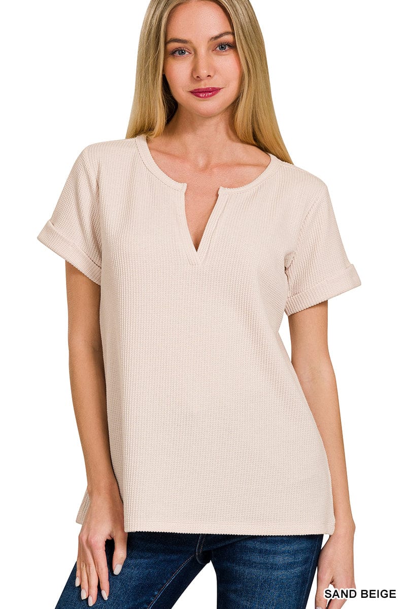 Zenana Tops - Blouse Sm Melange Baby Waffle Short Sleeve Sand Beige
