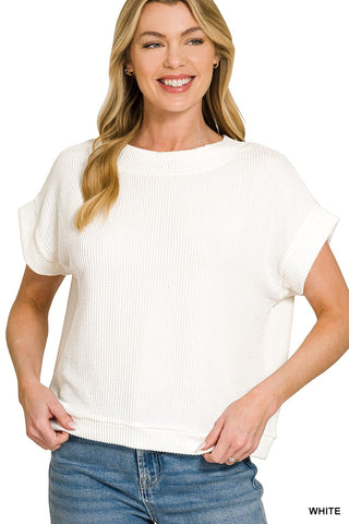 Zenana Tops - Blouse Sm Raised Rib Cap Sleeve Top White