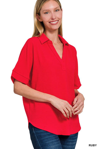 Zenana Tops - Blouse Sm Woven Collared V-Neck Short Sleeve Top Ruby