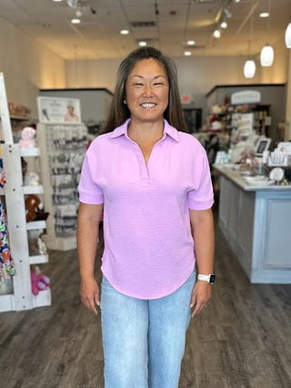 Zenana Tops - Blouse Woven Collared V-Neck Short Sleeve Top Mauve