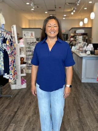Zenana Tops - Blouse Woven Collared V-Neck Short Sleeve Top Navy