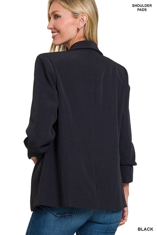 Zenana Tops - Outerwear - Blazers 3/4 Ruched Sleeve Open Front Blazer Black