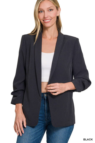Zenana Tops - Outerwear - Blazers Sm 3/4 Ruched Sleeve Open Front Blazer Black
