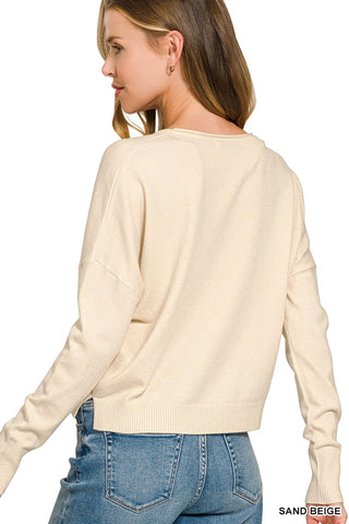Zenana Tops - Sweaters Front Seam Round Neck Sweater Heather Brown
