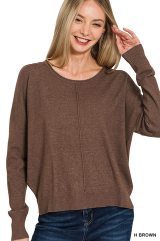 Zenana Tops - Sweaters Sm Front Seam Round Neck Sweater Heather Brown 10/25