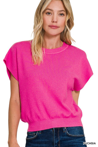 Zenana Tops - Sweaters Sm Viscose Round Neck Short Dolman Sleeve Sweater Fuchsia