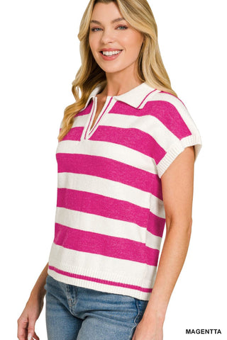 Zenana Tops - Sweaters Striped Collared Short Sleeve Sweater Magenta