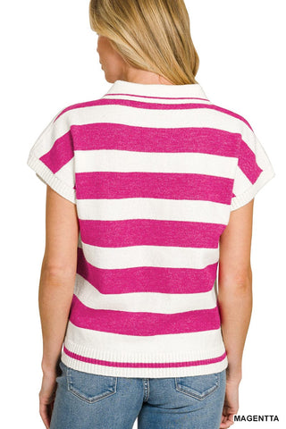 Zenana Tops - Sweaters Striped Collared Short Sleeve Sweater Navy