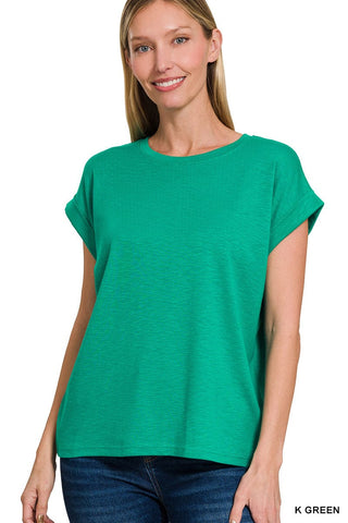 Zenana Tops - T-Shirts Sm Modal Slub Rolled Short Sleeve Top Kelly Green