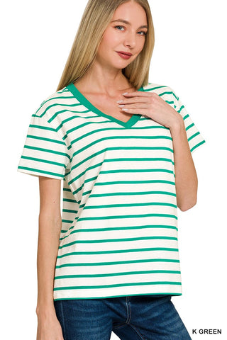 Zenana Tops - T-Shirts Sm Striped V-Neck T-Shirt Kelly Green