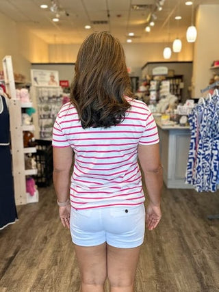 Zenana Tops - T-Shirts Striped V-Neck T-Shirt Hot Pink