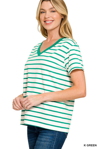 Zenana Tops - T-Shirts Striped V-Neck T-Shirt Kelly Green
