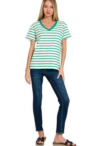 Zenana Tops - T-Shirts Striped V-Neck T-Shirt Kelly Green