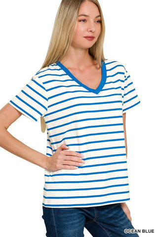 Zenana Tops - T-Shirts Striped V-Neck T-Shirt Ocean Blue