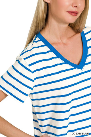 Zenana Tops - T-Shirts Striped V-Neck T-Shirt Ocean Blue