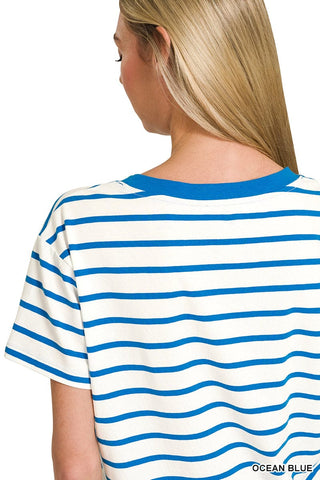 Zenana Tops - T-Shirts Striped V-Neck T-Shirt Ocean Blue